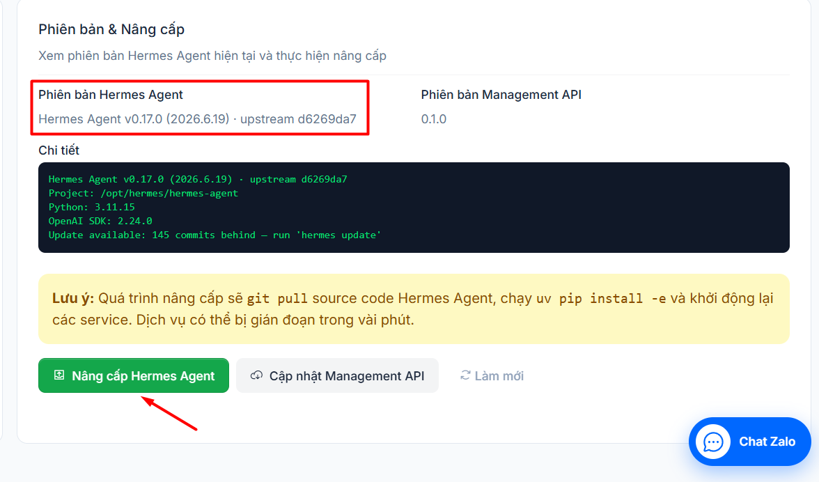 Hướng dẫn cập nhật phiên bản Hermes Agent trên VPS Hermes của Tino 4 Các bước cập nhật phiên bản Hermes Agent