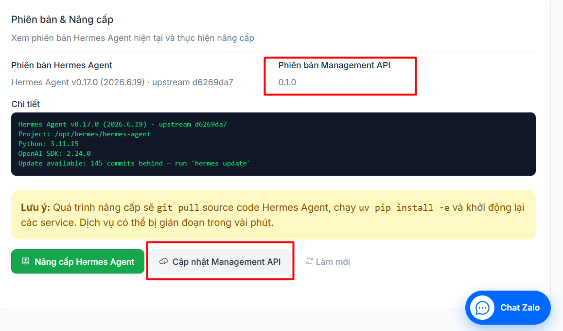 Hướng dẫn cập nhật phiên bản Hermes Agent trên VPS Hermes của Tino 5 Phiên bản Management API là gì?