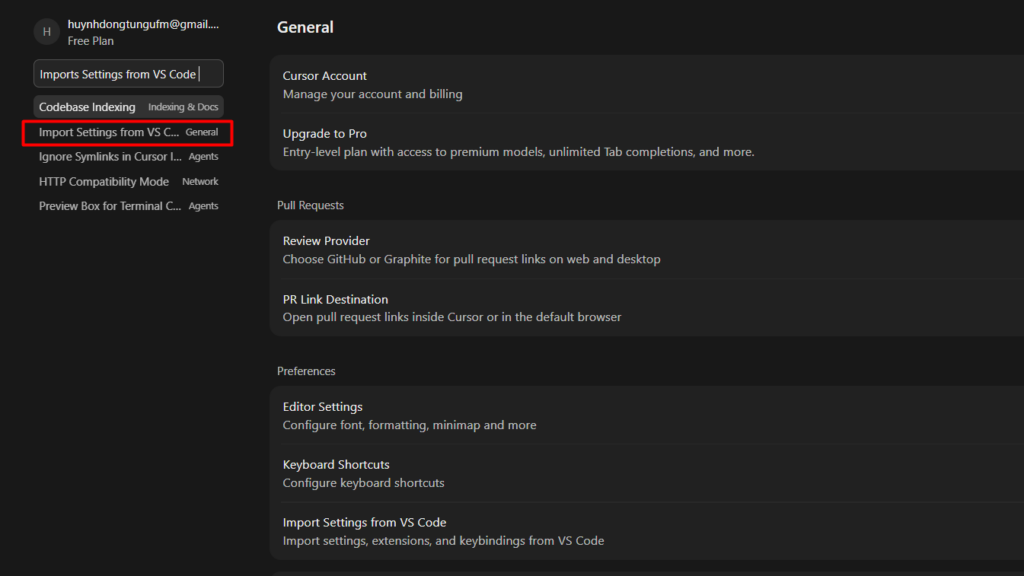 Hướng dẫn tích hợp Cursor AI vào VSCode đơn giản 7 Nhập lại cấu hình sau khi đã cài Cursor (nếu bỏ qua bước 4)