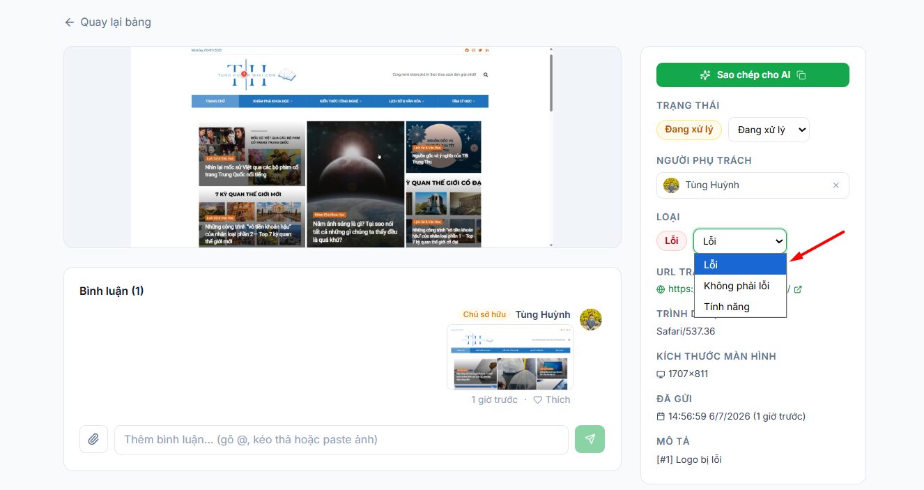 Hướng dẫn sử dụng công cụ Feedback website của Tino 18 Đối với Đội ngũ phát triển (Developer/QA)