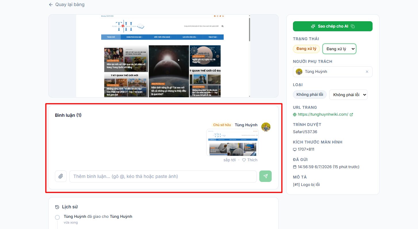 Hướng dẫn sử dụng công cụ Feedback website của Tino 19 Đối với Đội ngũ phát triển (Developer/QA)