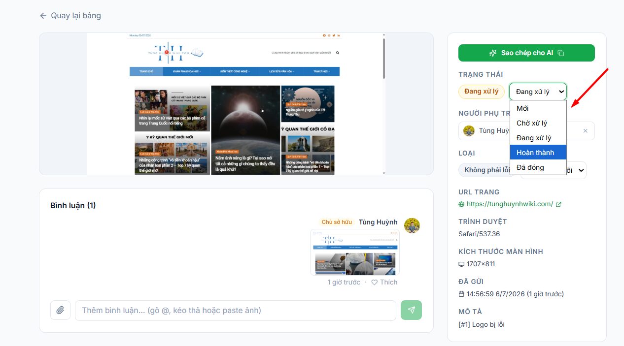 Hướng dẫn sử dụng công cụ Feedback website của Tino 21 Đối với Đội ngũ phát triển (Developer/QA)