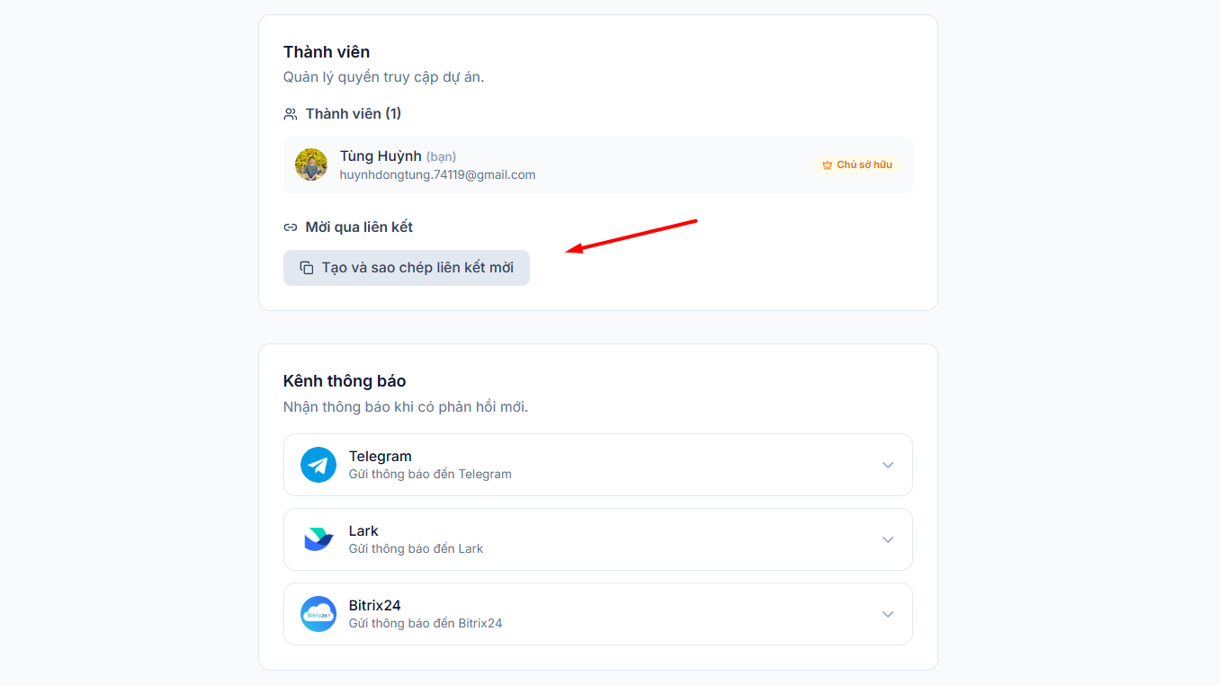 Hướng dẫn sử dụng công cụ Feedback website của Tino 23 Mời thành viên vào dự án