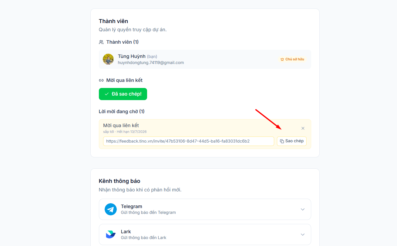 Hướng dẫn sử dụng công cụ Feedback website của Tino 24 Mời thành viên vào dự án