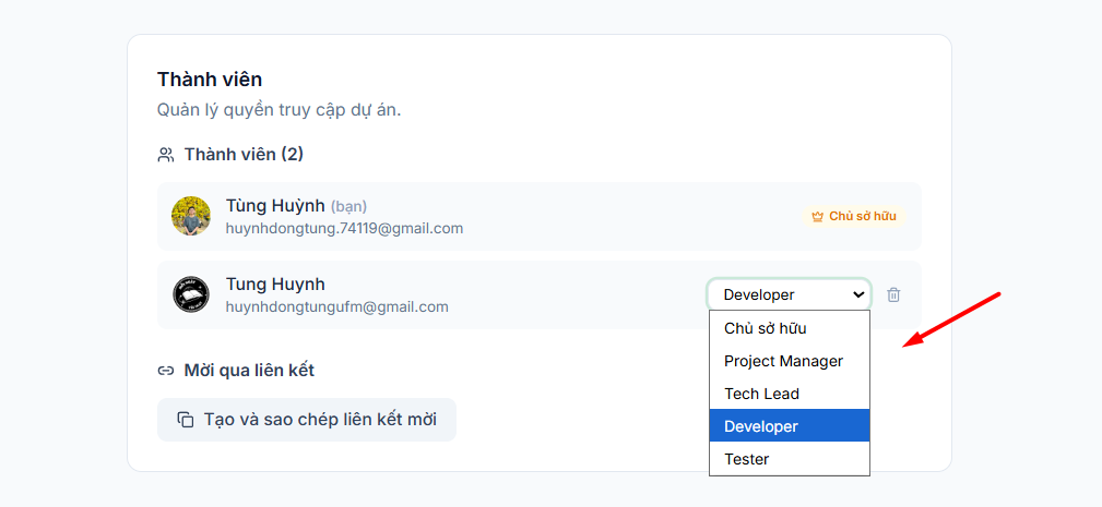 Hướng dẫn sử dụng công cụ Feedback website của Tino 26 Mời thành viên vào dự án
