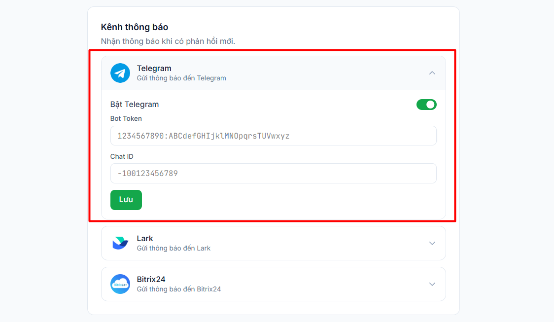 Hướng dẫn sử dụng công cụ Feedback website của Tino 28 Cài đặt thông báo qua kênh nhắn tin