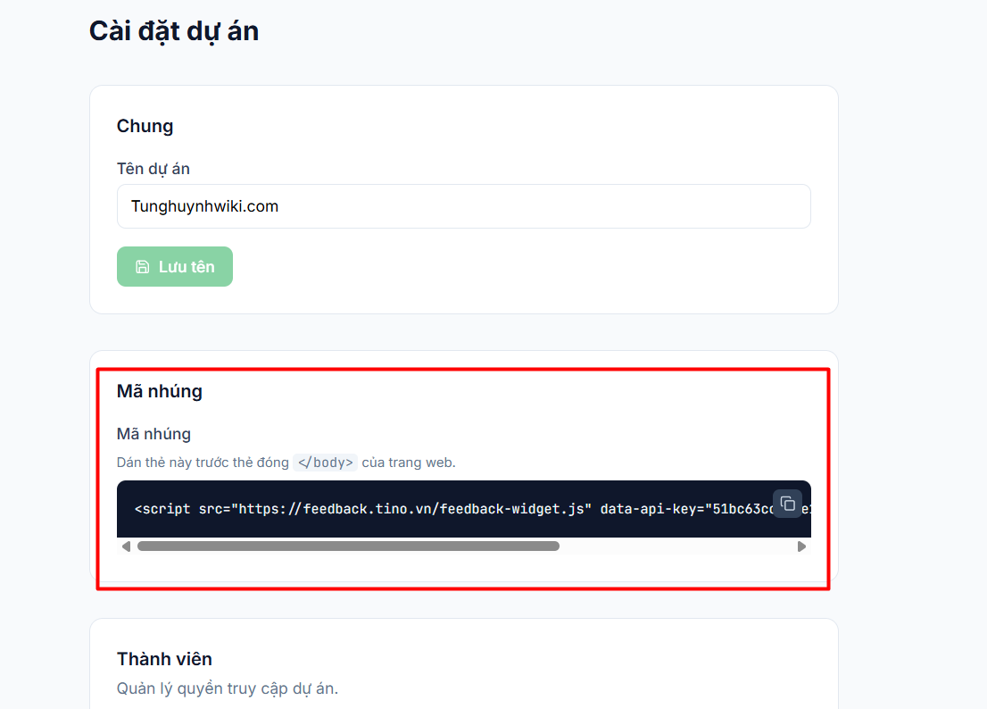 Hướng dẫn sử dụng công cụ Feedback website của Tino 8 Tạo tài khoản và lấy mã nhúng widget vào website