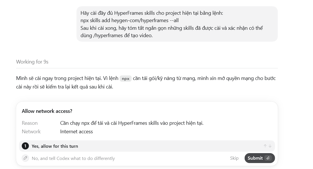 HyperFrames là gì? Hướng dẫn sử dụng HyperFrames để tạo video AI 8 Cài HyperFrames Skills cho Codex