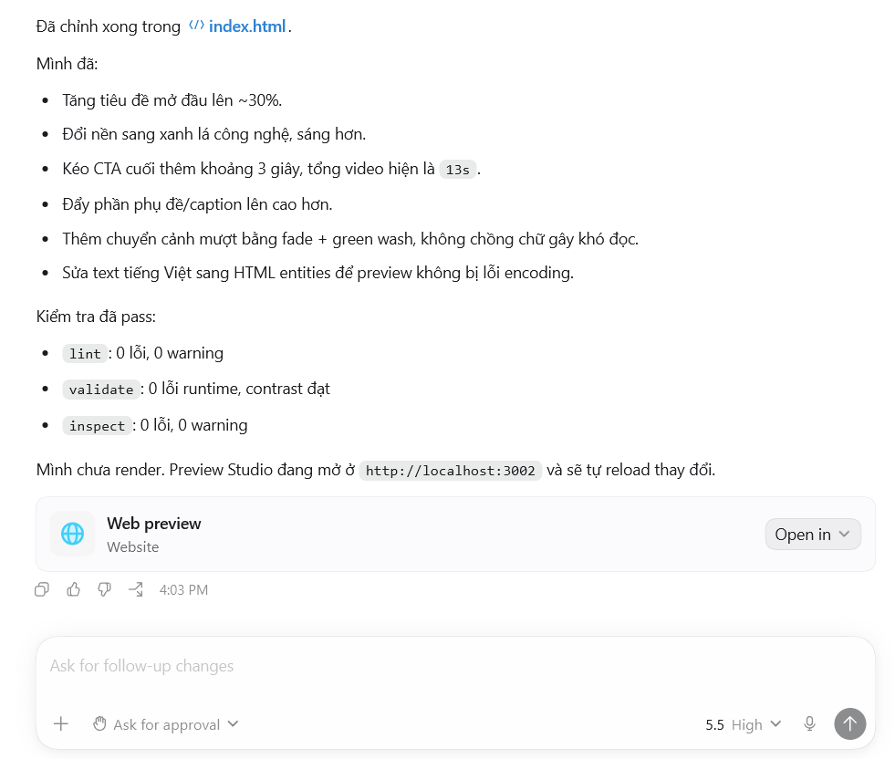 HyperFrames là gì? Hướng dẫn sử dụng HyperFrames để tạo video AI 12 Chỉnh video bằng prompt ngắn