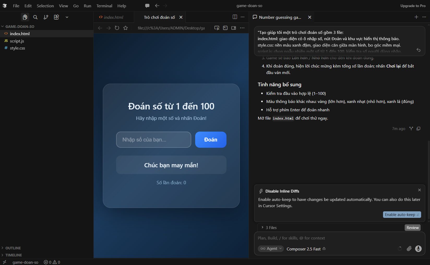 Hướng dẫn sử dụng Cursor AI từ A-Z 14 Bước 5: Chạy thử trò chơi