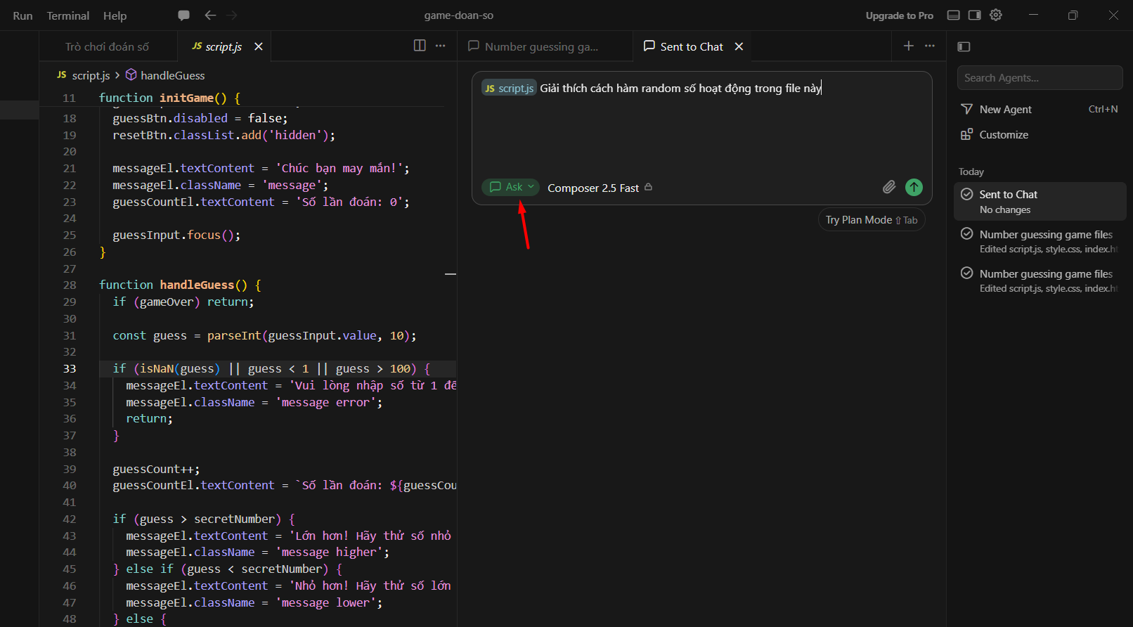 Hướng dẫn sử dụng Cursor AI từ A-Z 17 Bước 7: Tìm hiểu logic bằng chế độ Ask