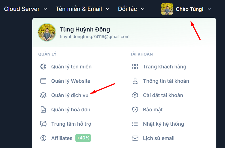  Mở trang quản lý dịch vụ Tino