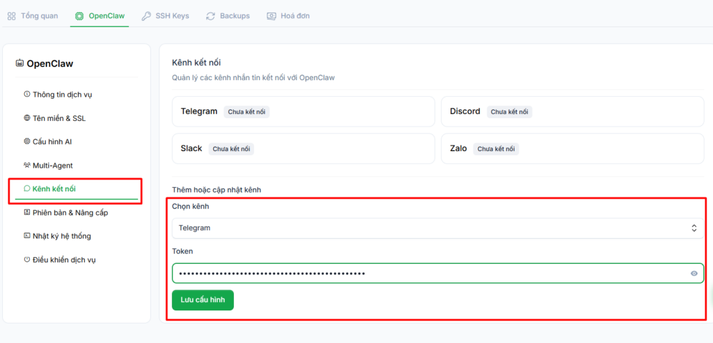 Kết nối Telegram, Discord, Slack, Zalo và các kênh khác