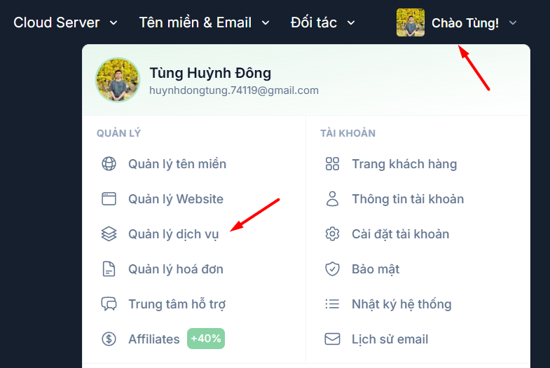 Hướng dẫn truy cập và lấy thông tin hosting tại Tino 2 Lấy thông tin tại trang quản lý hosting của Tino