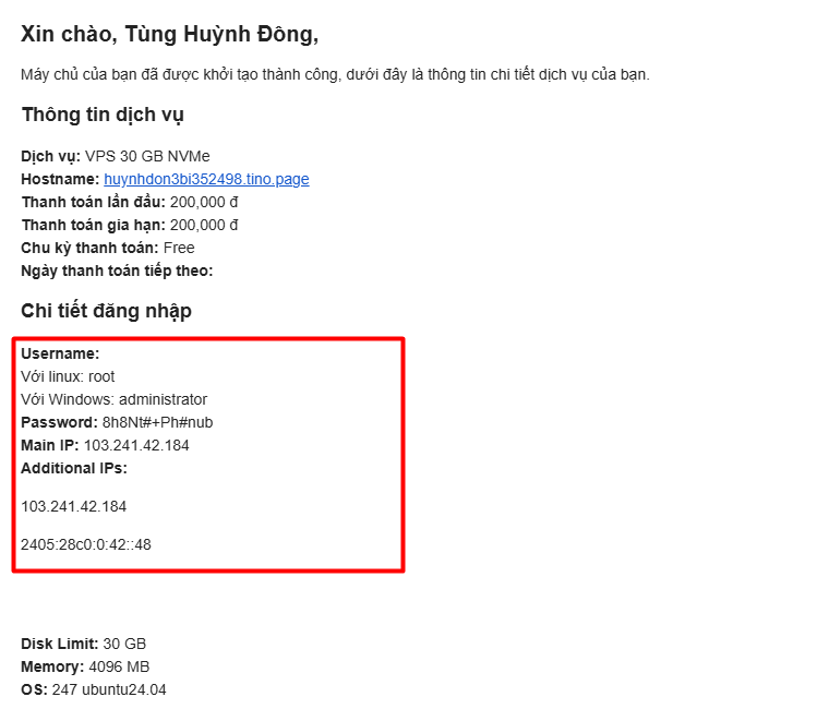 Hướng dẫn truy cập và lấy thông tin VPS tại Tino 1 Lấy thông tin VPS qua email