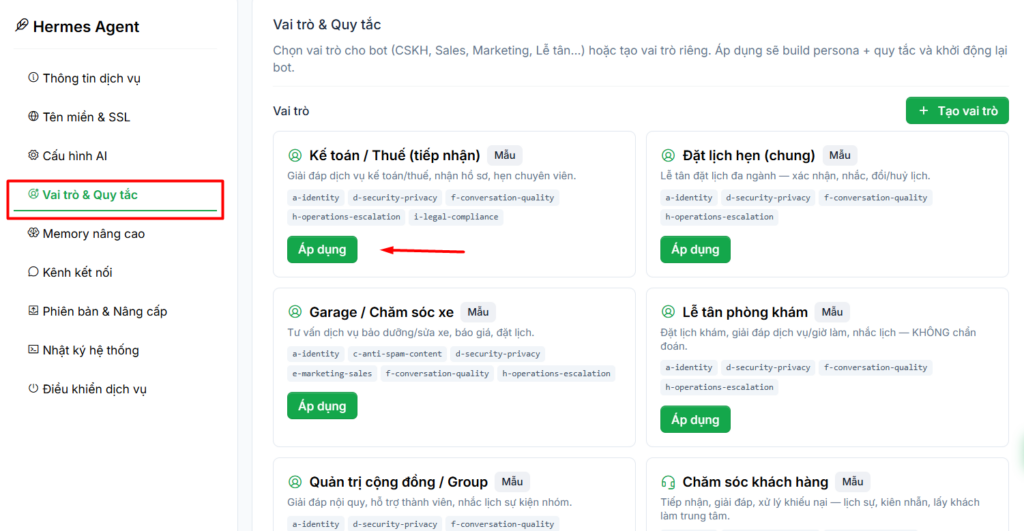 Hướng dẫn truy cập và cấu hình VPS Hermes Agent sau khi đăng ký tại Tino 13 Thiết lập vai trò và quy tắc cho Hermes Agent