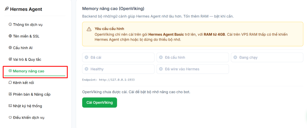 Hướng dẫn truy cập và cấu hình VPS Hermes Agent sau khi đăng ký tại Tino 16 Memory nâng cao