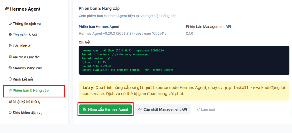 Hướng dẫn truy cập và cấu hình VPS Hermes Agent sau khi đăng ký tại Tino 17 Kiểm tra và nâng cấp phiên bản Hermes Agent