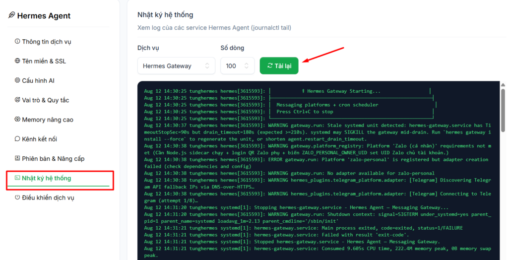 Hướng dẫn truy cập và cấu hình VPS Hermes Agent sau khi đăng ký tại Tino 18 Kiểm tra Nhật ký hệ thống khi gặp lỗi