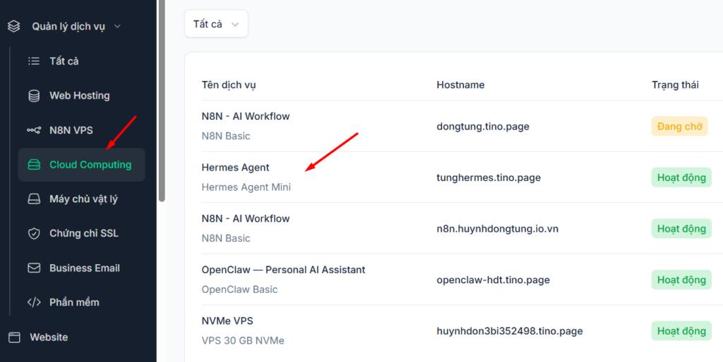 Hướng dẫn truy cập và cấu hình VPS Hermes Agent sau khi đăng ký tại Tino 2 Truy cập VPS Hermes Agent