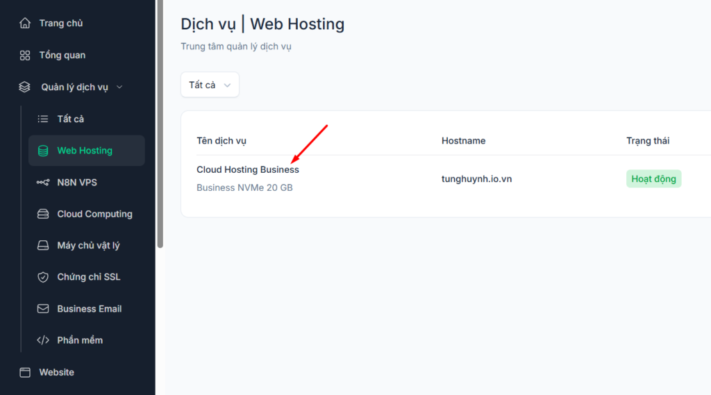 Hướng dẫn truy cập và lấy thông tin hosting tại Tino 3 Lấy thông tin tại trang quản lý hosting của Tino