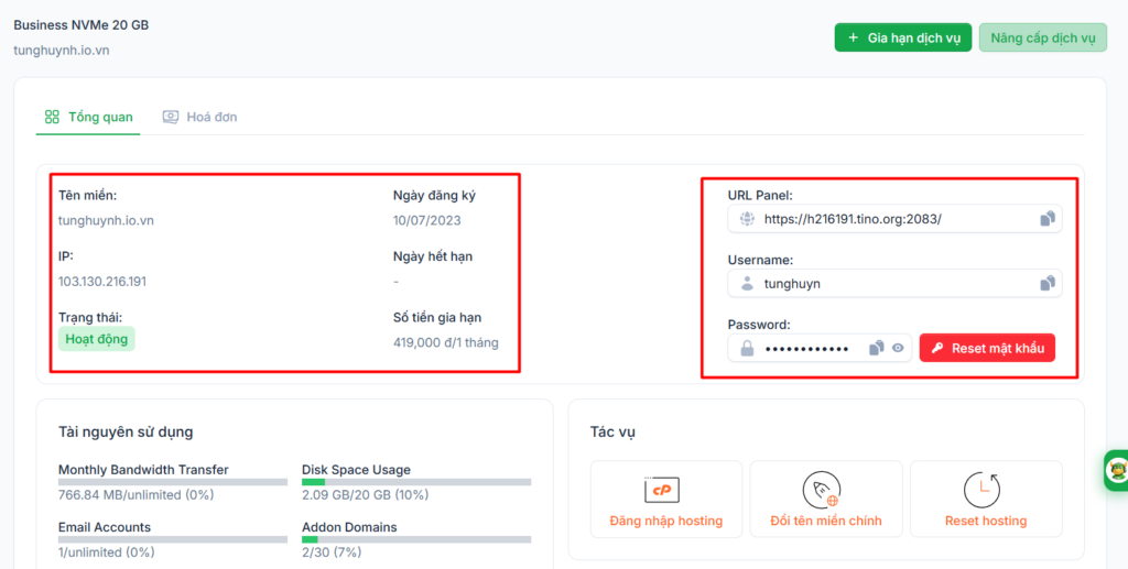 Hướng dẫn truy cập và lấy thông tin hosting tại Tino 4 Lấy thông tin tại trang quản lý hosting của Tino