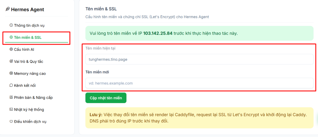 Hướng dẫn truy cập và cấu hình VPS Hermes Agent sau khi đăng ký tại Tino 6 Cấu hình tên miền và SSL cho VPS Hermes Agent