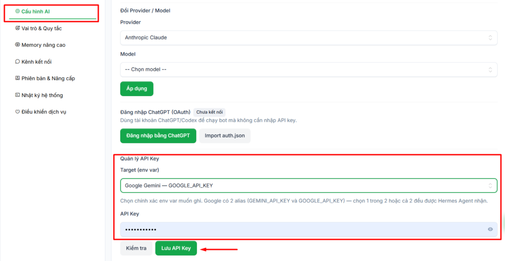 Hướng dẫn truy cập và cấu hình VPS Hermes Agent sau khi đăng ký tại Tino 7 Thêm API Key