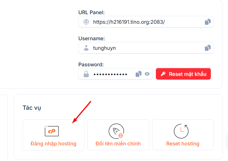 Hướng dẫn truy cập và lấy thông tin hosting tại Tino 7 Đăng nhập vào cPanel