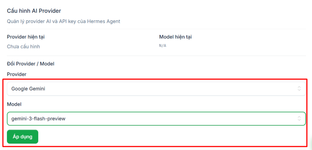 Hướng dẫn truy cập và cấu hình VPS Hermes Agent sau khi đăng ký tại Tino 9 Chọn/đổi Provider và Model