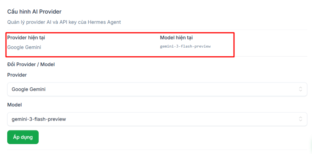 Hướng dẫn truy cập và cấu hình VPS Hermes Agent sau khi đăng ký tại Tino 10 Chọn/đổi Provider và Model