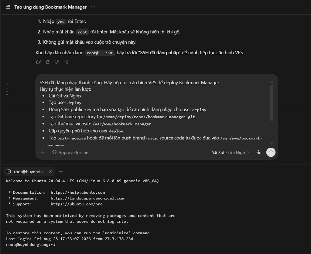 Cách commit & push code từ Codex lên VPS chi tiết A-Z 11 Báo cho Codex biết SSH đã đăng nhập