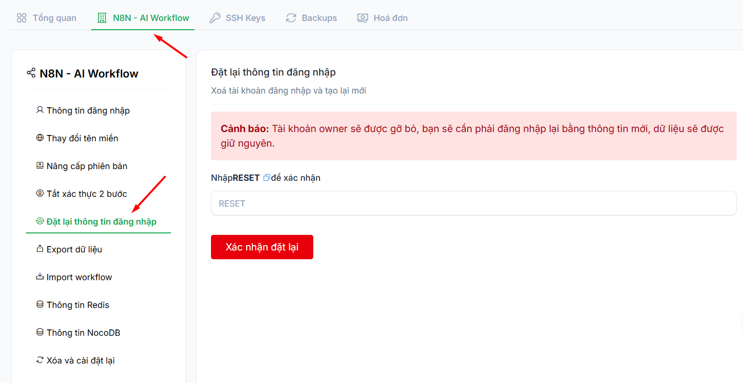 Hướng dẫn reset thông tin đăng nhập n8n trên VPS n8n Tino 3 Truy cập mục N8N – AI Workflow và chọn Đặt lại thông tin đăng nhập