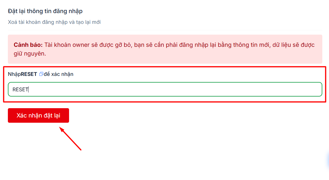 Hướng dẫn reset thông tin đăng nhập n8n trên VPS n8n Tino 4 Nhập mã xác nhận RESET