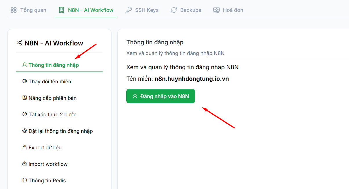 Hướng dẫn reset thông tin đăng nhập n8n trên VPS n8n Tino 6 Mở lại trang đăng nhập n8n