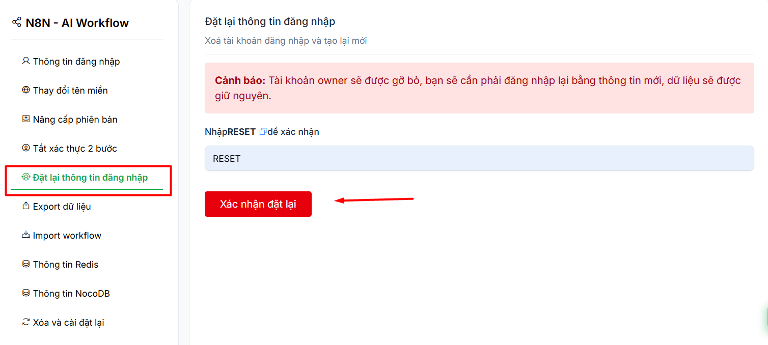 Đặt lại thông tin đăng nhập n8n