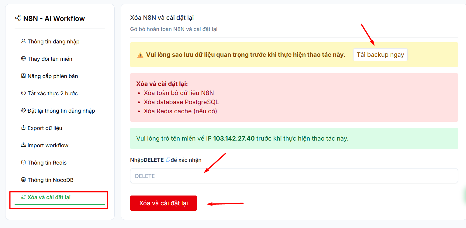 Xóa và cài đặt lại n8n