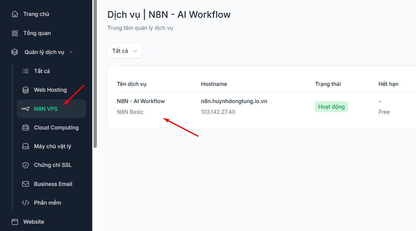 Truy cập trang quản lý VPS n8n của Tino