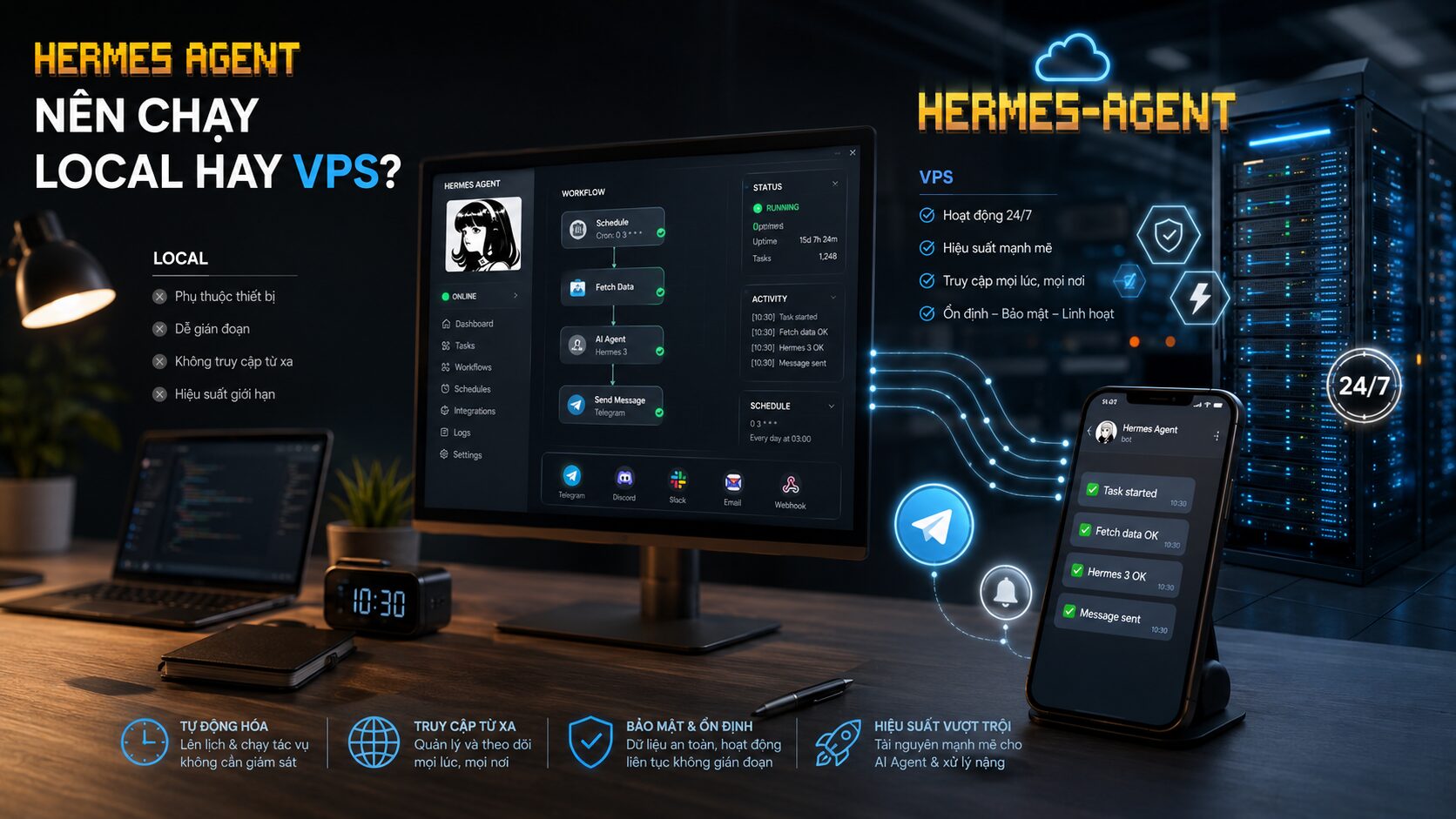 Hermes Agent nên chạy Local hay VPS? Chọn sao cho đúng? 5 Cron Job và tự động hóa