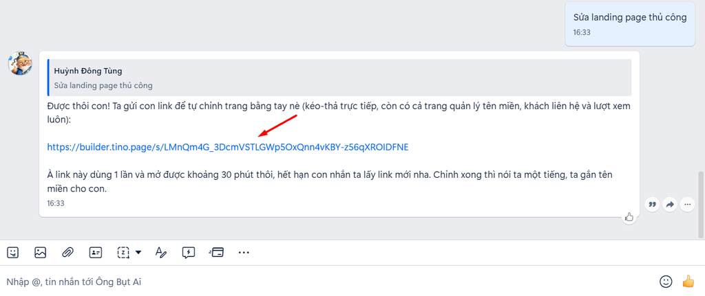 Hướng dẫn chỉnh sửa Landing Page sau khi tạo bằng Ông Bụt AI 2 Yêu cầu Ông Bụt AI gửi link chỉnh sửa