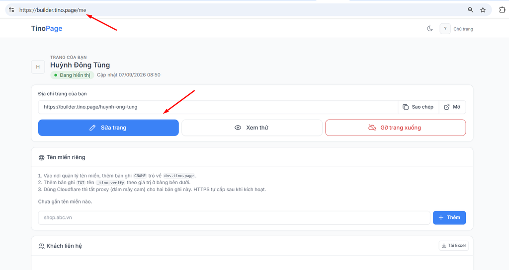 Hướng dẫn chỉnh sửa Landing Page sau khi tạo bằng Ông Bụt AI 1 Truy cập trực tiếp TinoPage