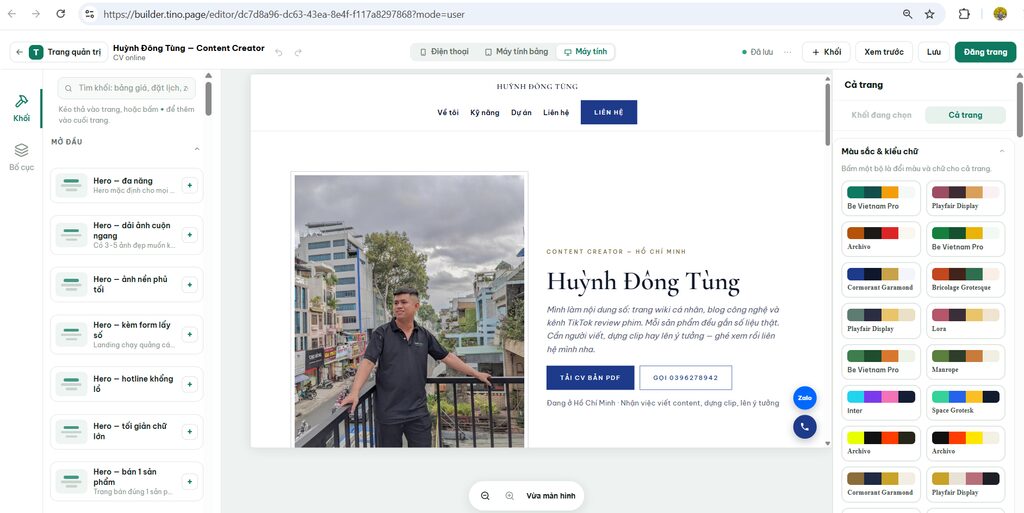 Hướng dẫn chỉnh sửa Landing Page sau khi tạo bằng Ông Bụt AI 3 Giao diện sửa trang