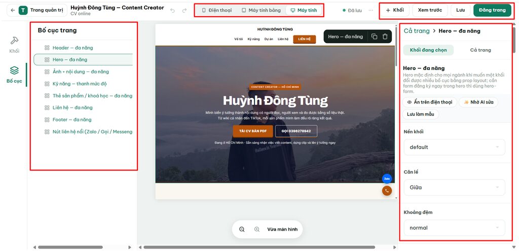 Hướng dẫn chỉnh sửa Landing Page sau khi tạo bằng Ông Bụt AI 4 Làm quen với giao diện chỉnh sửa