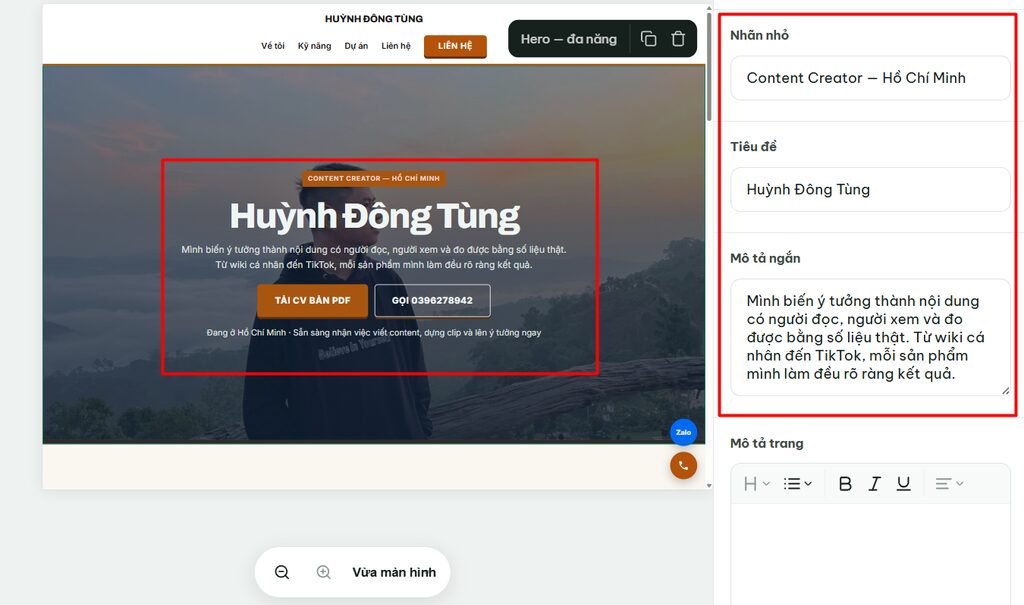 Hướng dẫn chỉnh sửa Landing Page sau khi tạo bằng Ông Bụt AI 5 Sửa nội dung của từng khối