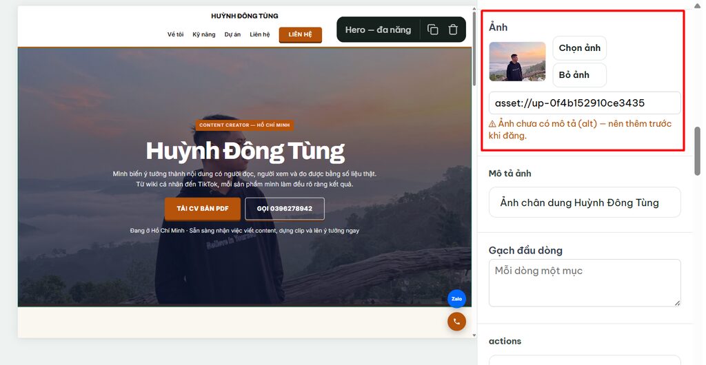 Hướng dẫn chỉnh sửa Landing Page sau khi tạo bằng Ông Bụt AI 6 Thay hình ảnh