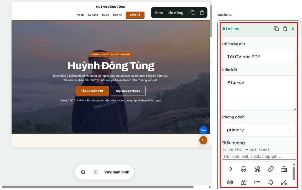 Hướng dẫn chỉnh sửa Landing Page sau khi tạo bằng Ông Bụt AI 7 Sửa nút và liên kết