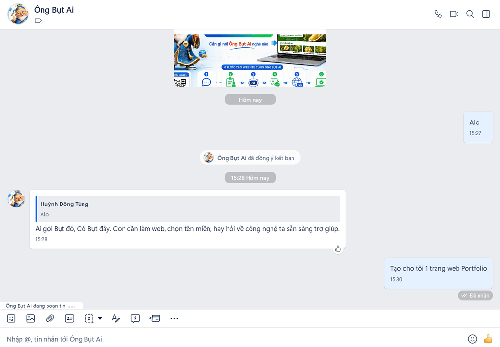 Hướng dẫn cách tạo Landing Page miễn phí với Ông Bụt AI A-Z 1 Nhắn tin cho Ông Bụt AI trên Zalo