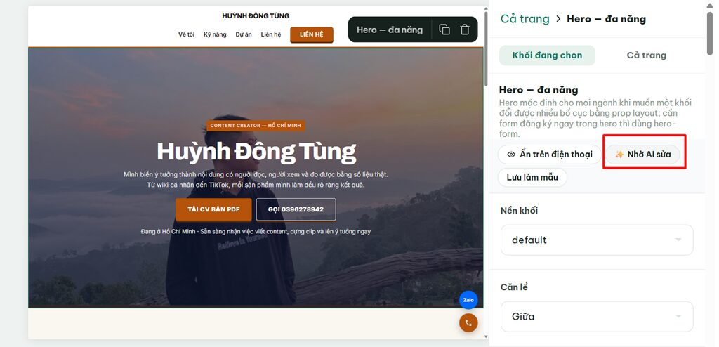 Hướng dẫn chỉnh sửa Landing Page sau khi tạo bằng Ông Bụt AI 8 Nhờ AI chỉnh nhanh một khối