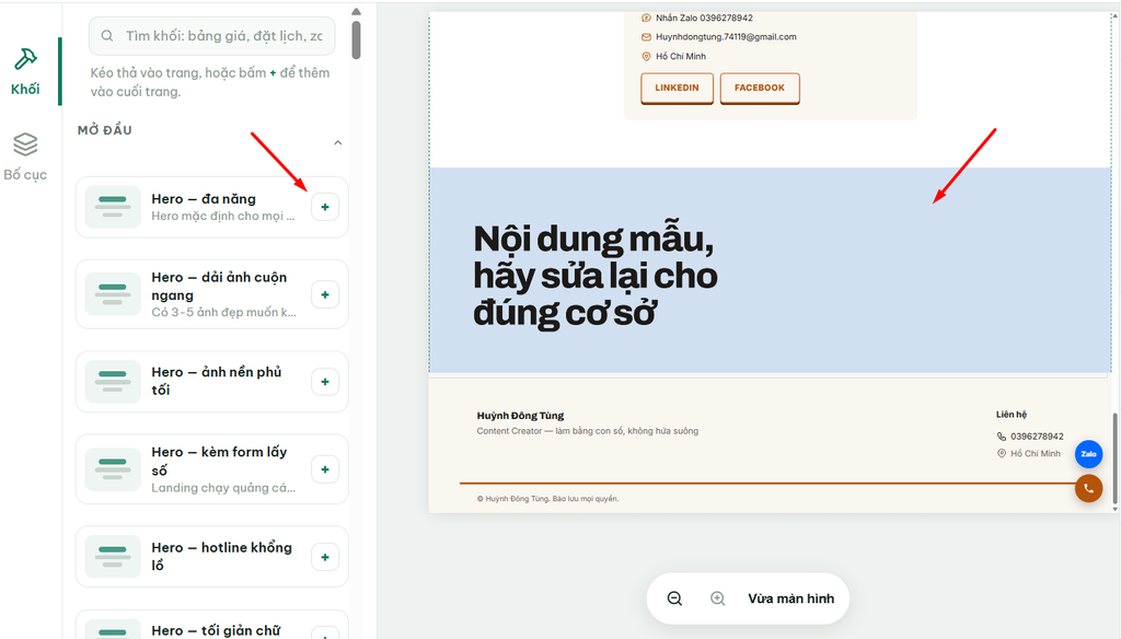 Hướng dẫn chỉnh sửa Landing Page sau khi tạo bằng Ông Bụt AI 9 Thêm khối mới vào Landing Page