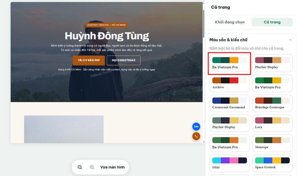 Hướng dẫn chỉnh sửa Landing Page sau khi tạo bằng Ông Bụt AI 10 Đổi màu sắc và kiểu chữ cho toàn trang